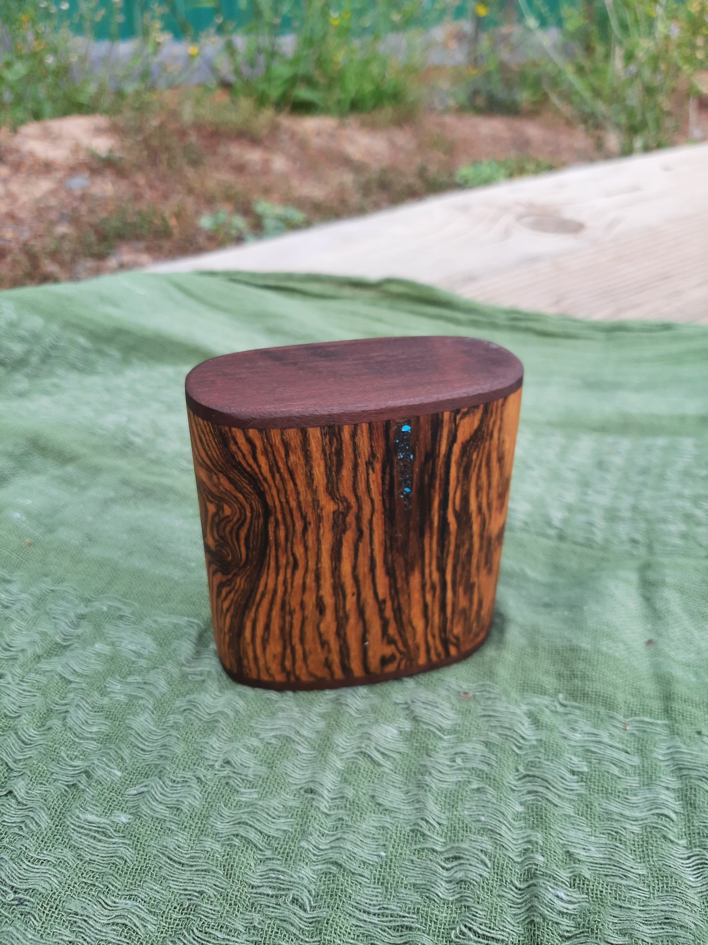 IN STOCK, Bocote shaker with walnut ends and Turquoise stone inlay