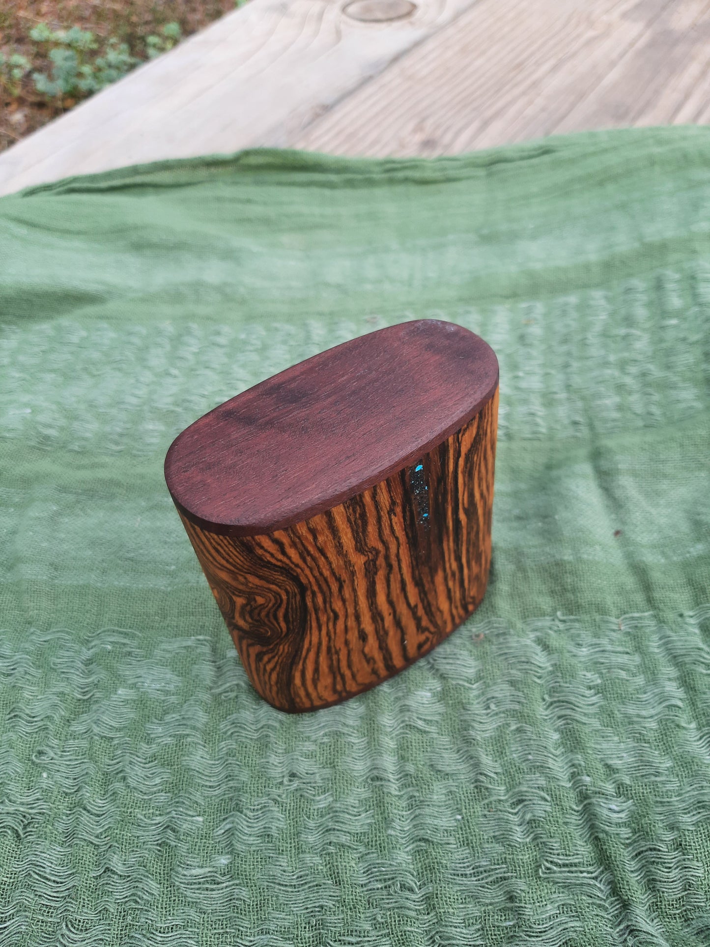 IN STOCK, Bocote shaker with walnut ends and Turquoise stone inlay
