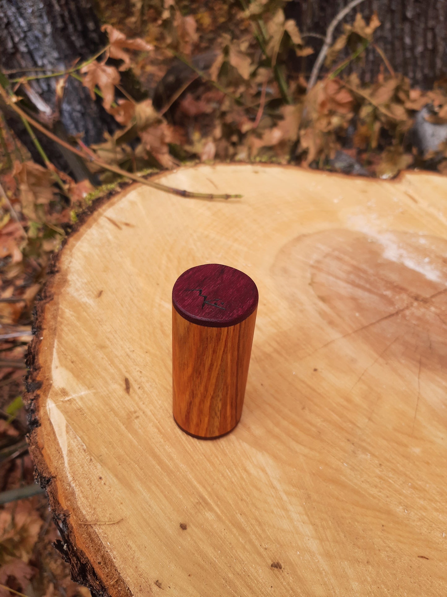 IN STOCK, Canary wood shaker with purple heart.