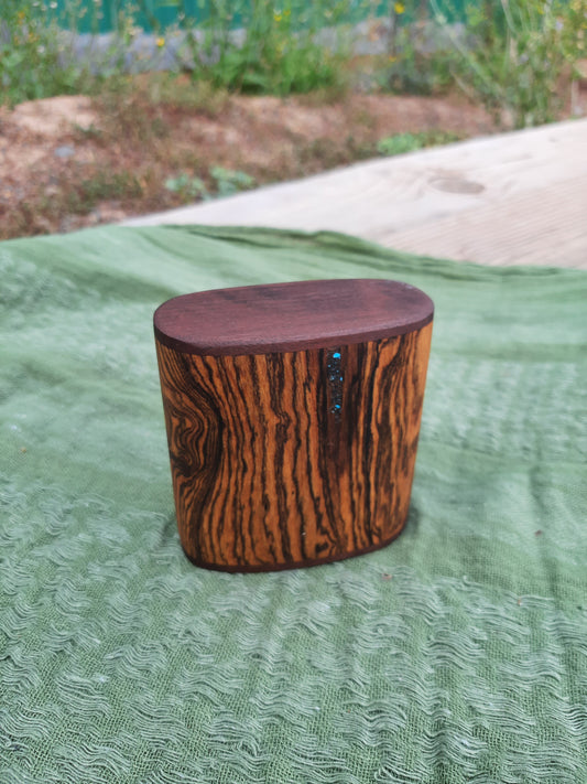 IN STOCK, Bocote shaker with walnut ends and Turquoise stone inlay