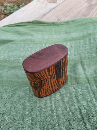 IN STOCK, Bocote shaker with walnut ends and Turquoise stone inlay