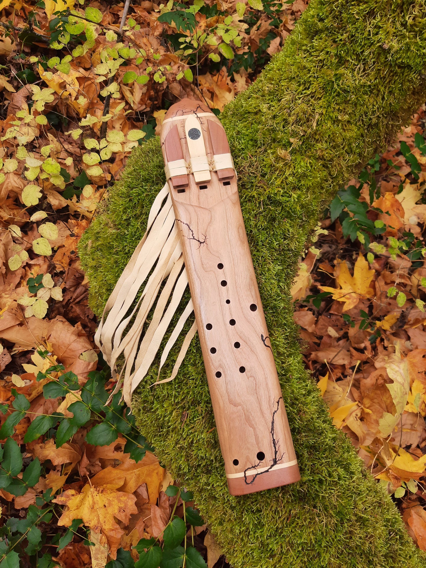 IN STOCK, mid-range, G minor, triple drone with WOOD FRACTAL burning and galactic stone inlay.