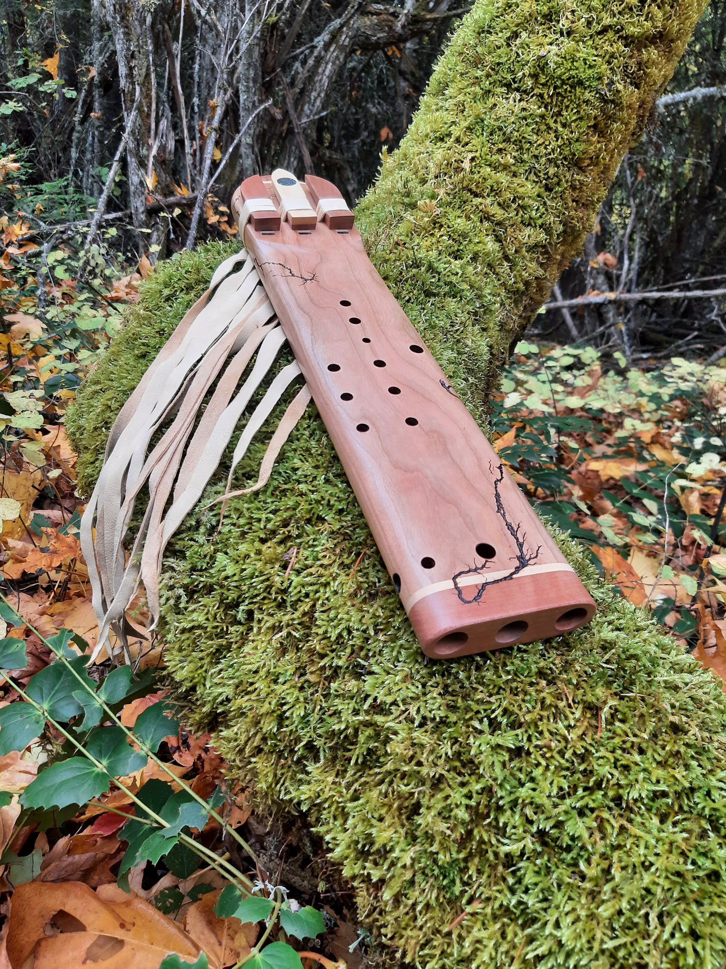 IN STOCK, mid-range, G minor, triple drone with WOOD FRACTAL burning and galactic stone inlay.