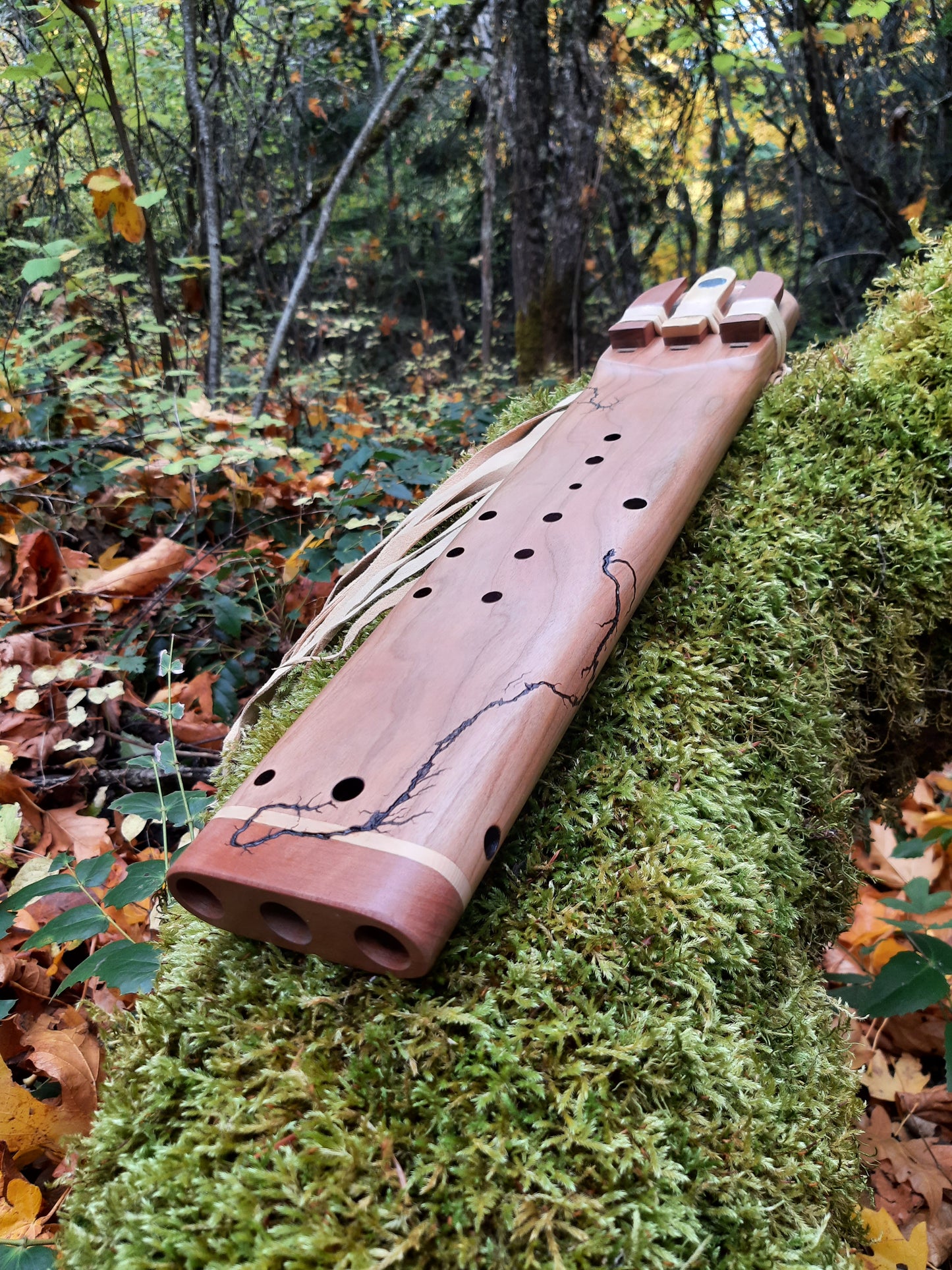 IN STOCK, mid-range, G minor, triple drone with WOOD FRACTAL burning and galactic stone inlay.