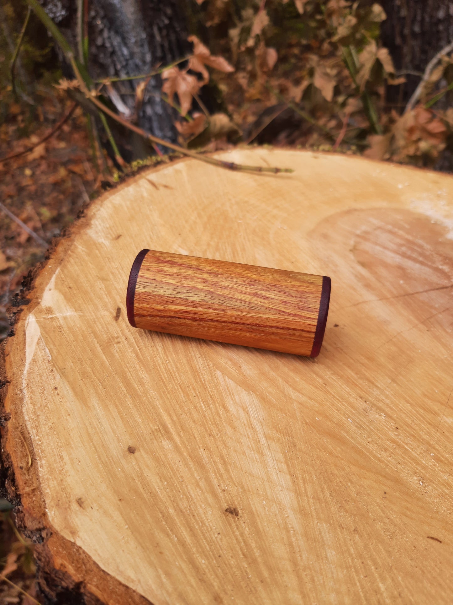 IN STOCK, Canary wood shaker with purple heart.