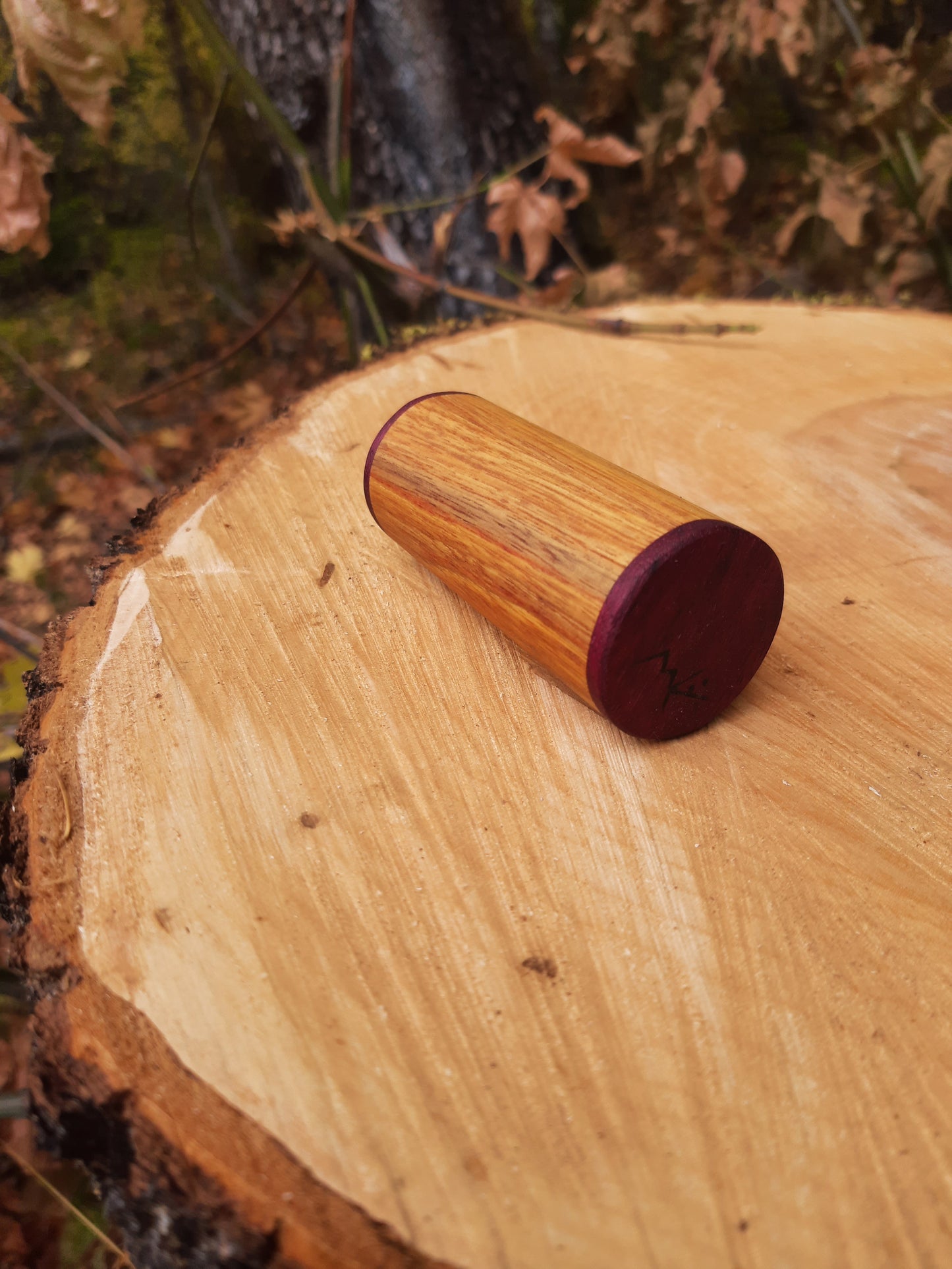 IN STOCK, Canary wood shaker with purple heart.
